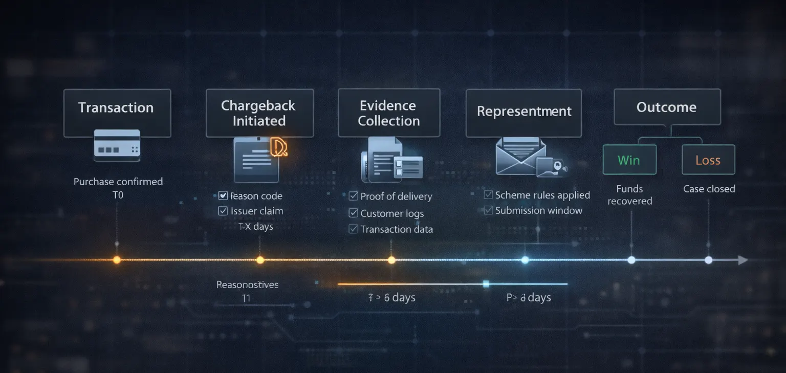 Diagram of the chargeback and dispute process from initiation to resolution.
