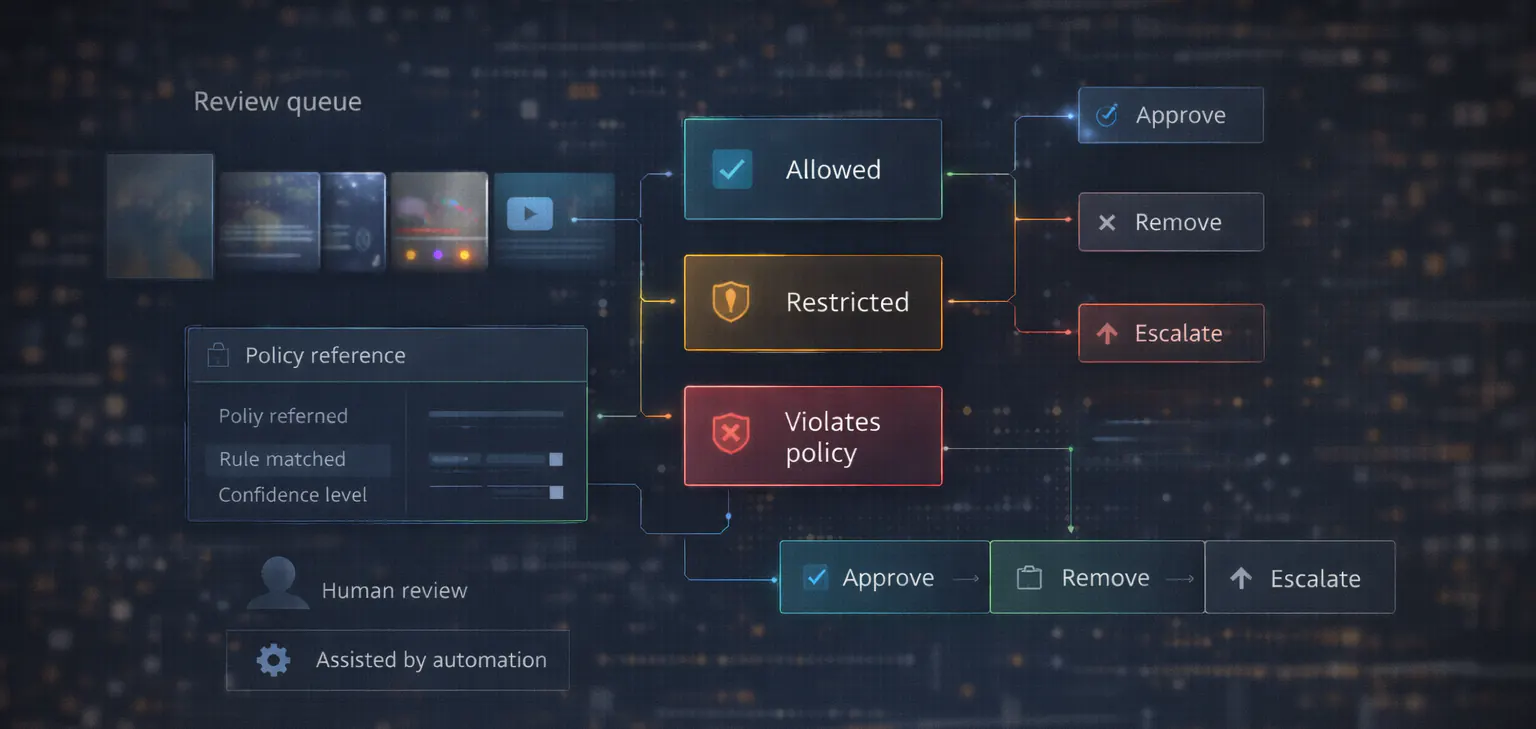 Risk operations for : Diagram showing a policy-driven content moderation workflow from review to decision.