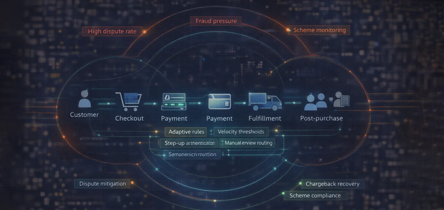 Diagram showing e-commerce operations reinforced with risk controls and recovery mechanisms in high-risk environments.
