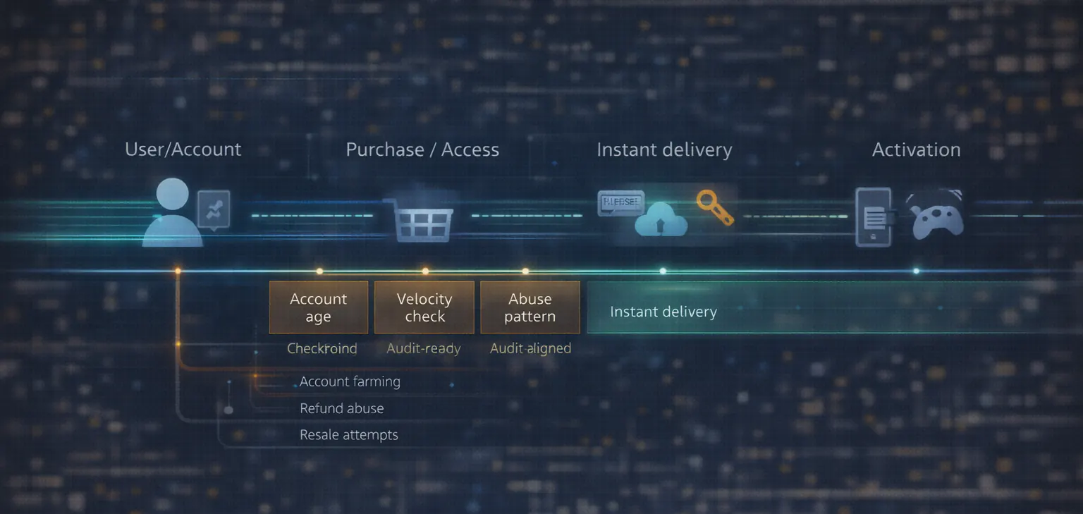 Visualization of instant digital goods delivery with built-in abuse prevention.