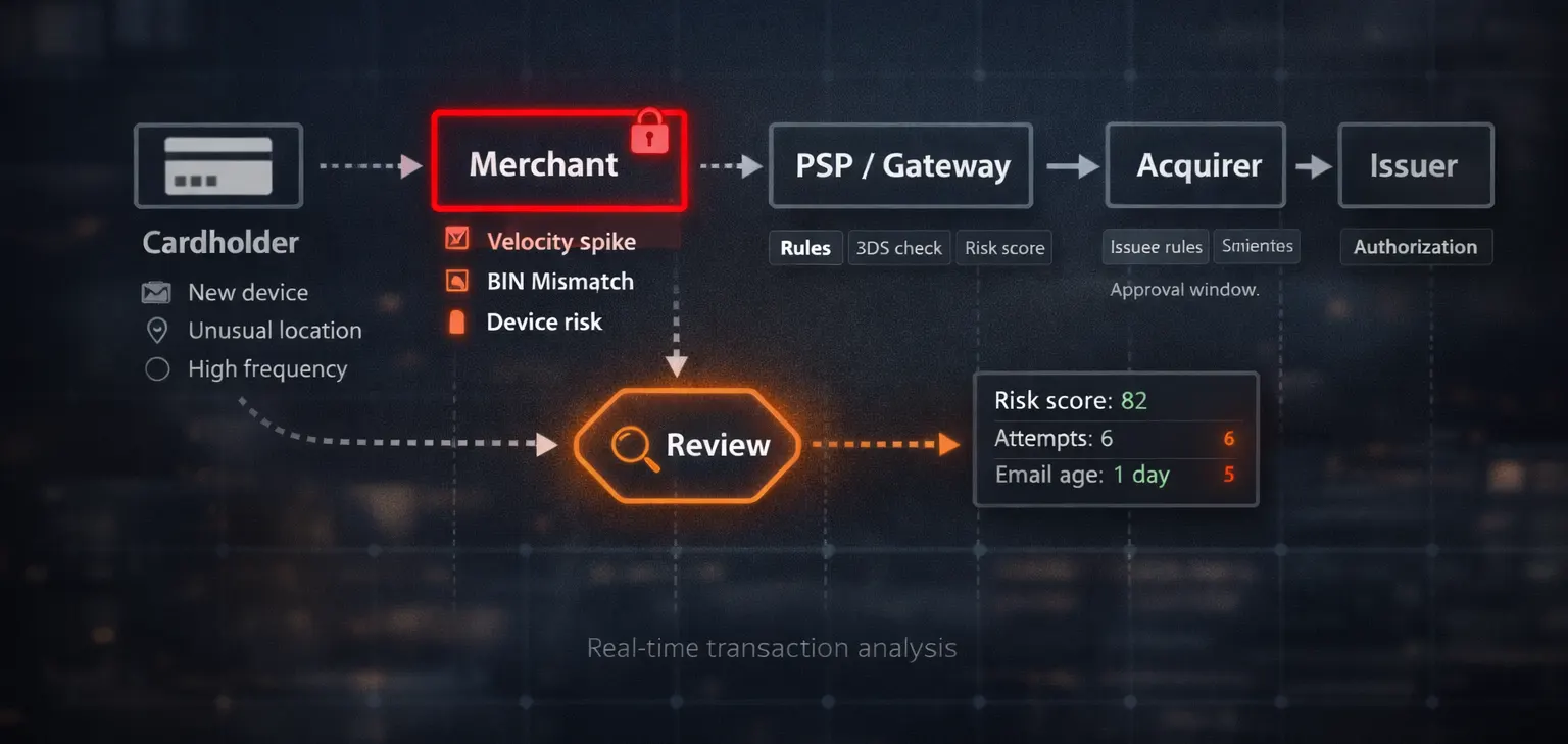 Diagram showing a payment transaction flow with risk checks and manual review routing.
s